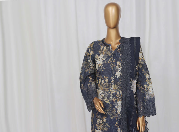Khaddar - Stitched Embroidered Chikan Kari 3 piece with Laser work and Embroidered Cutwork Dupatta - Blue