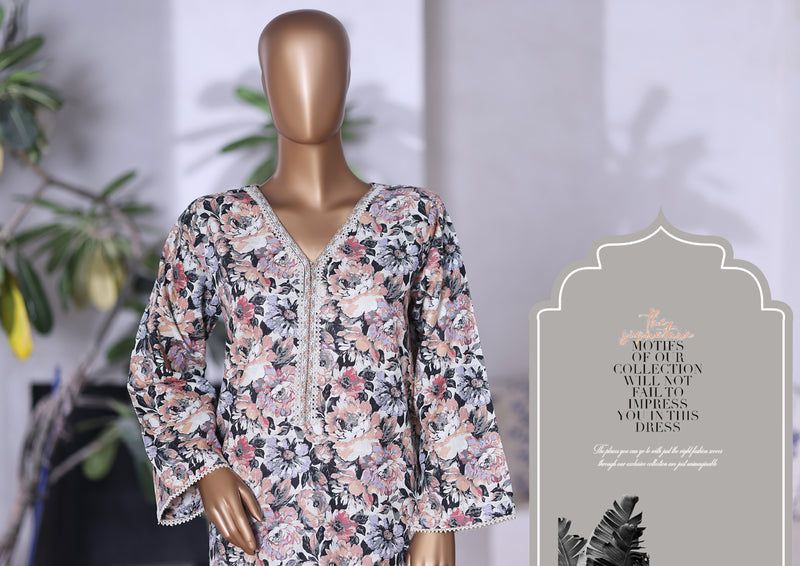 Khaddar Co-Ords - Stitched printed Kurti & trouser with Lace work - Light Pink