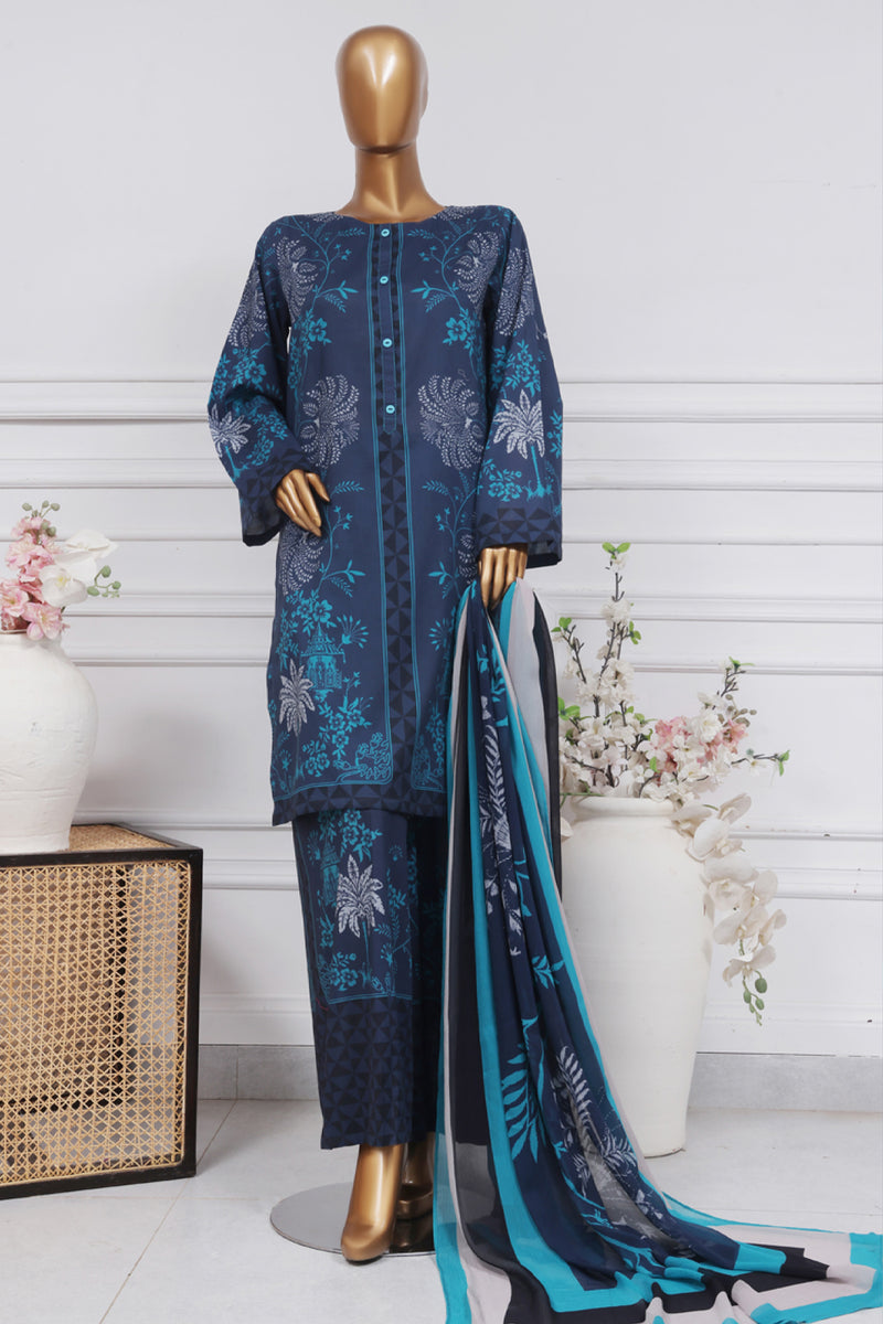 Lawn - Stitched Printed 3 piece with Chiffon Dupatta - Midnight Blue