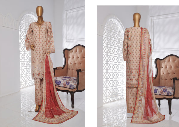 Lawn Chickankari - Stitched Embroidered 3piece with Lace work  - Peach