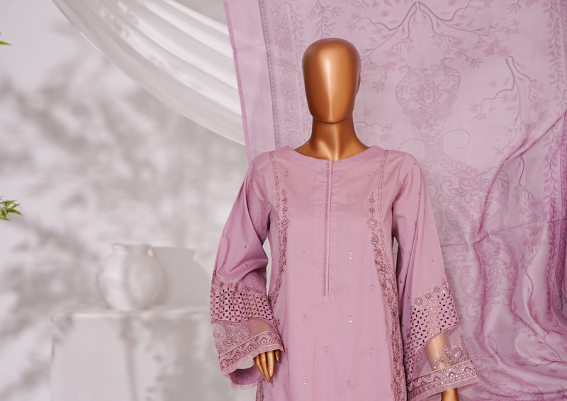Cambric | Cotton - Stitched Embroidered Printed 3piece with Nannokara Dupatta - Tea Pink
