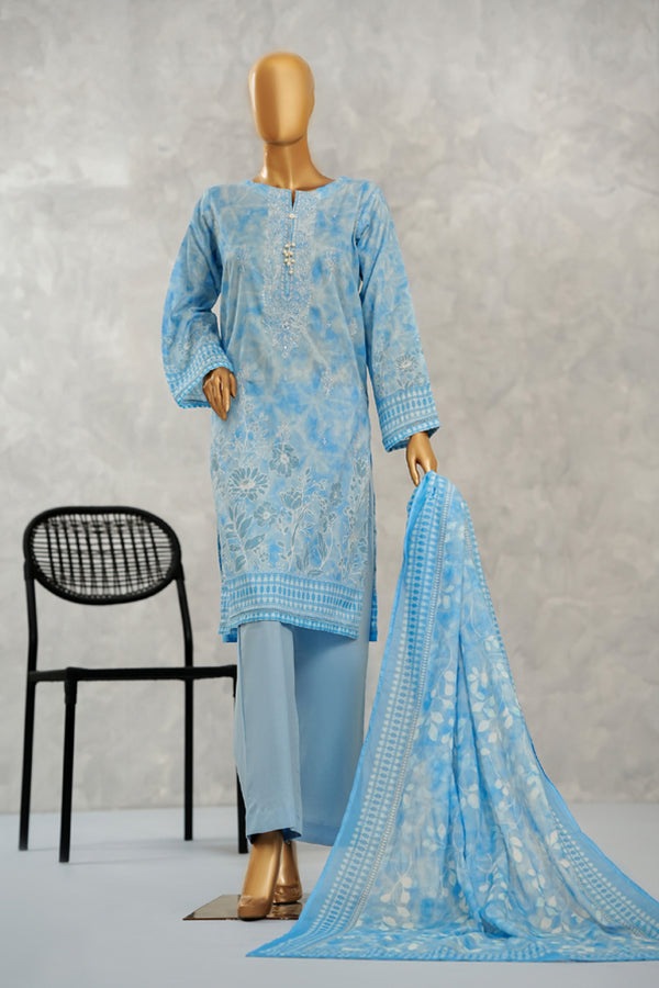 Lawn - Stitched Digital Printed Embroidered 3piece with Boring work - Light Blue