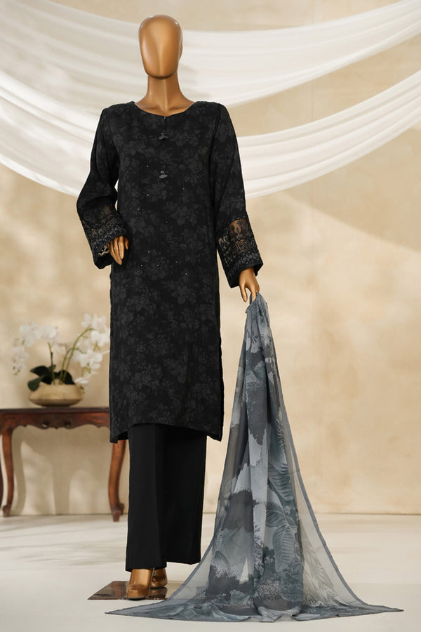 Cambric | Cotton - Stitched printed embroidered silk 3piece with Boring, Cutwork & Mirror work - Shadow