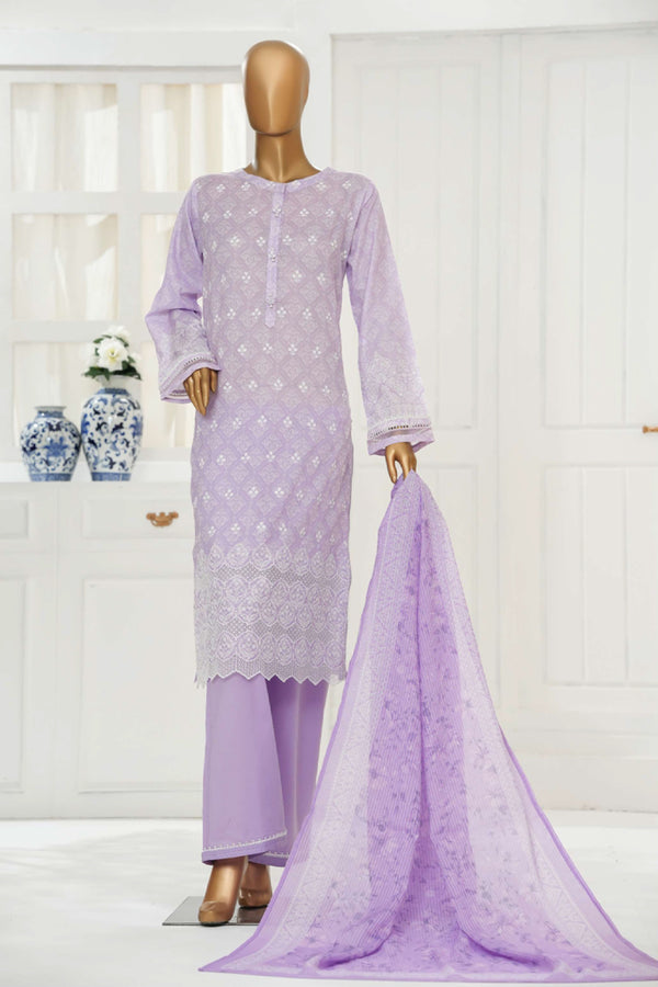 Cambric Chikankari - Stitched Embroidered 3piece with Lace work - Lavender