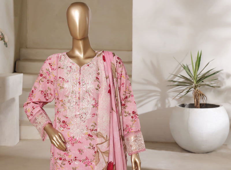 Lawn - Stitched Digital Printed Embroidered 3piece with Lace work - Pink