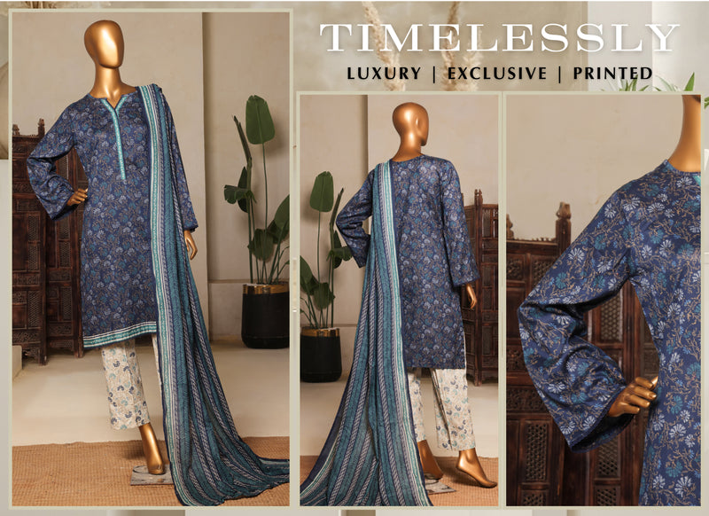 Lawn - Stitched printed 3piece with Lace work - Blue