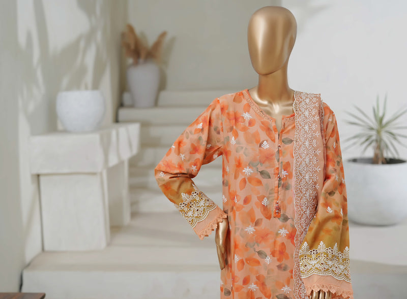 Lawn Chikankari - Stitched Embroidered 3piece with Cutwork and Embroidered Chiffon Dupatta - Orange