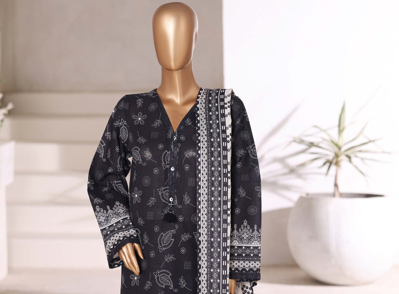 Khaddar - Stitched printed 3piece with Lace work - Black