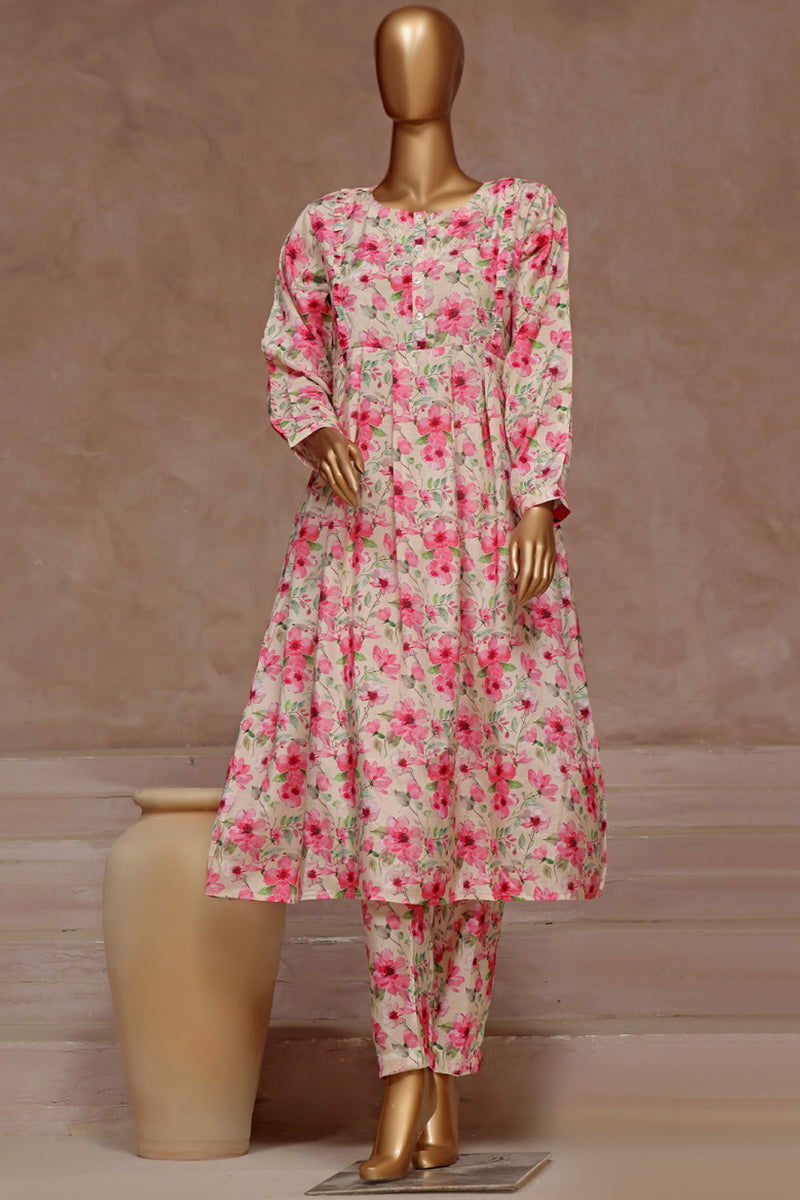 Rawsilk - Stitched floral printed frock style Co-ord set - Peach