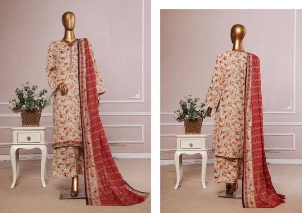 Lawn - Stitched printed 3piece with Farshi Shalwar - Peach