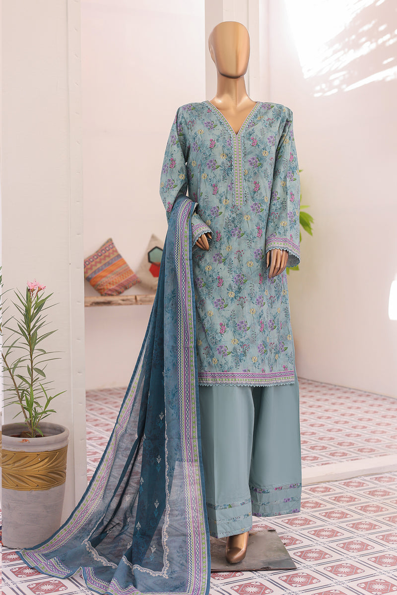Lawn - Stitched printed 3piece with Farshi Shalwar - Dull Blue