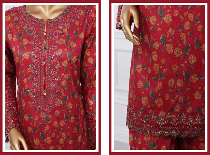 Lawn - Stitched Festive Embroidered 3piece with Plazo - Red