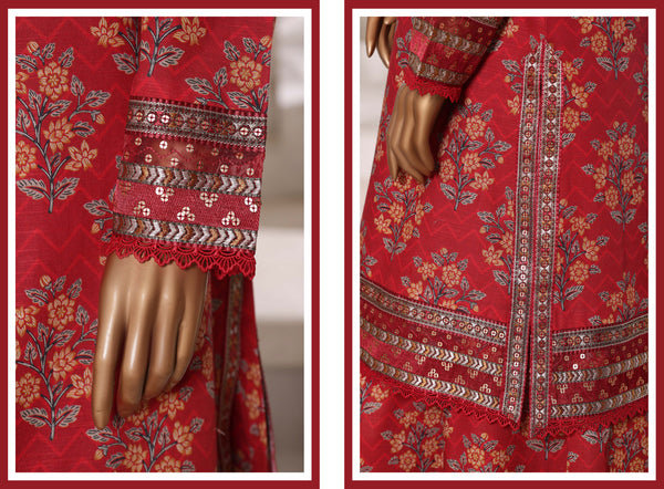 Khaddar - Embroidered 3piece collection with Lace work - Red