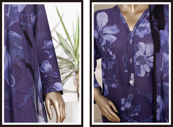 Lawn - Stitched printed 3piece with Lace work - Purple
