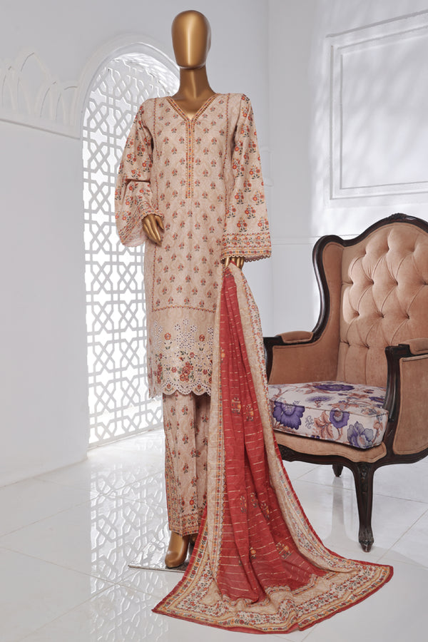 Lawn Chickankari - Stitched Embroidered 3piece with Lace work  - Peach