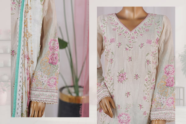 Lawn - Stitched Embroidered 3piece with Zari work & Lace work - White