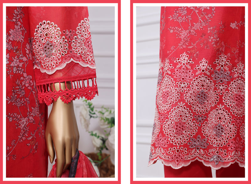 Lawn - Stitched Print Chikankari Embroidered 3piece with Chiffon Dupatta - Red