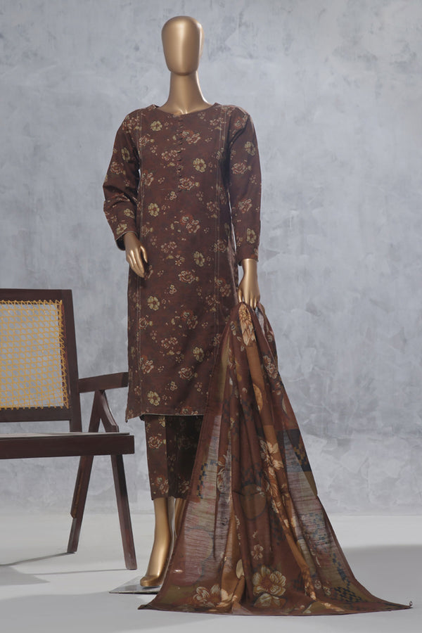 Khaddar - Stitched Printed 3 Piece Suit with Lace work - Honey Brown