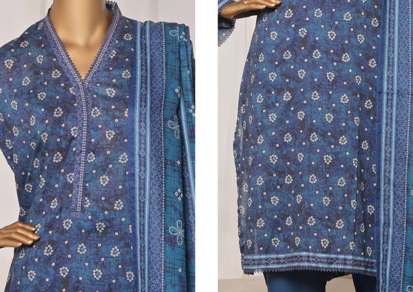 Lawn - Stitched printed 3piece with Lace work - Blue