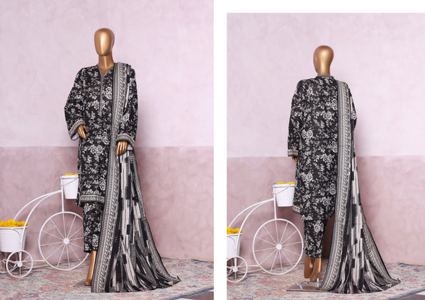 Khaddar - Stitched printed 3piece with Lace work - Black & White