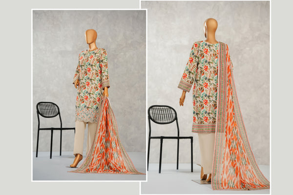 Lawn - Stitched Digital Printed Embroidered 3piece with Boring work - Peach