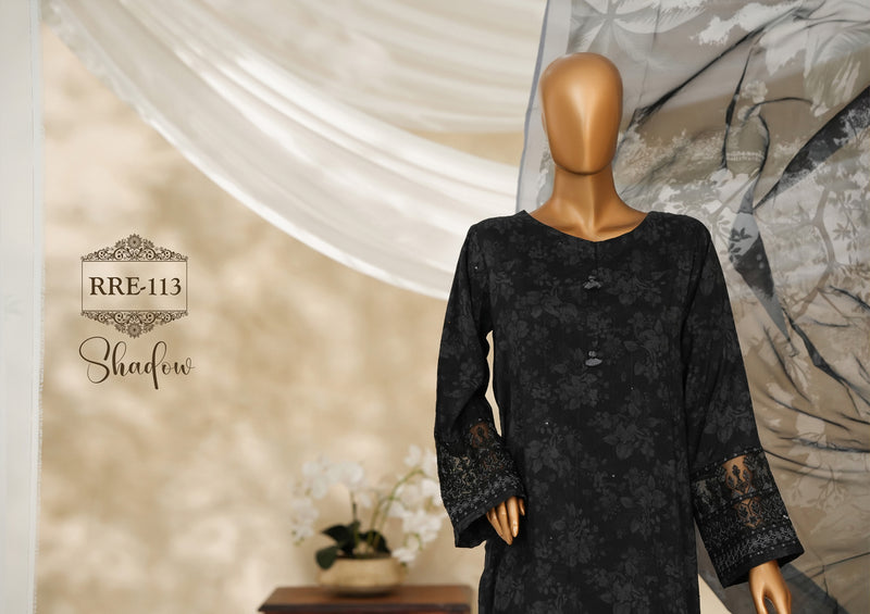 Cambric | Cotton - Stitched printed embroidered silk 3piece with Boring, Cutwork & Mirror work - Shadow