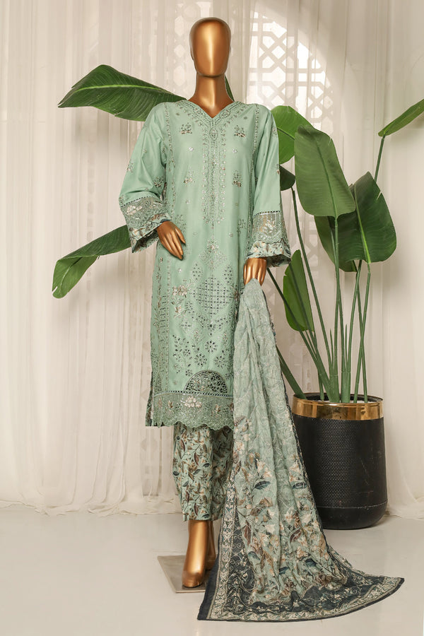Lawn - Stitched Embroidered 3piece with printed Back & Printed trouser & Emb Dupatta - Green