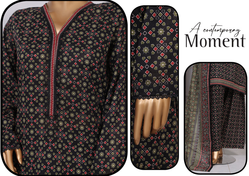 Lawn - Stitched printed 3piece with Farshi Shalwar - Black