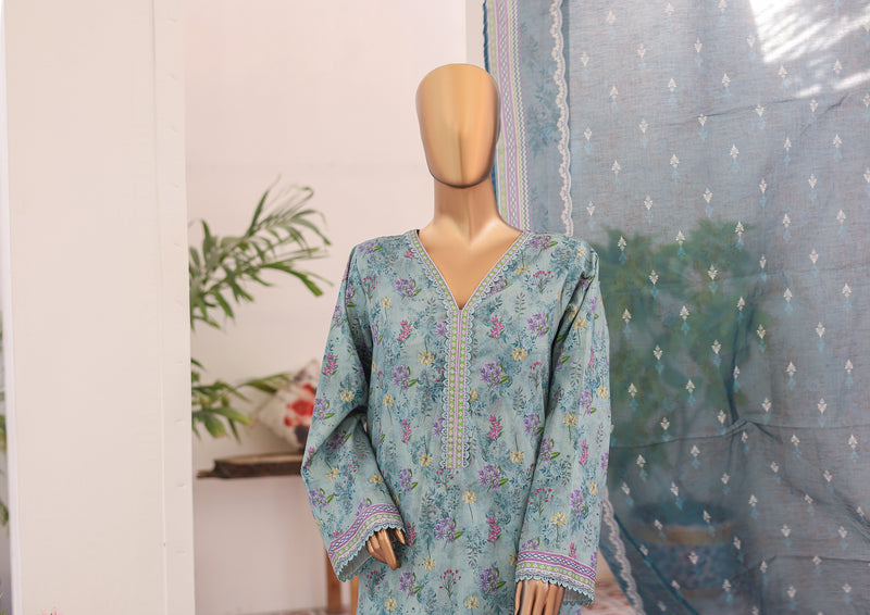 Lawn - Stitched printed 3piece with Farshi Shalwar - Dull Blue
