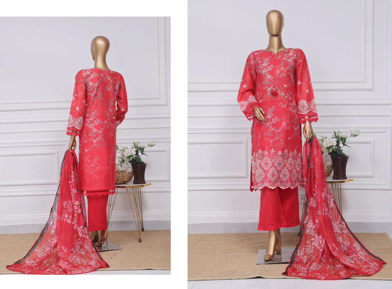 Lawn - Stitched Print Chikankari Embroidered 3piece with Chiffon Dupatta - Red