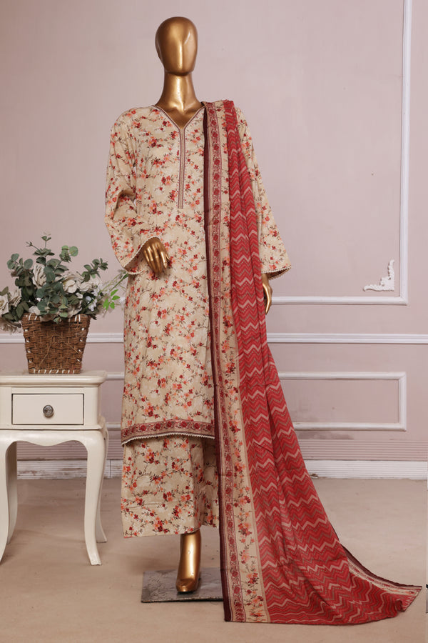 Lawn - Stitched printed 3piece with Farshi Shalwar - Peach