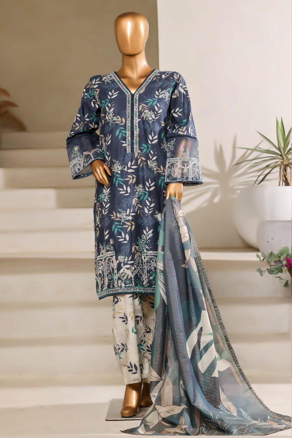 Lawn - Stitched Embroidered Chikankari 3piece with Lace work - Blue
