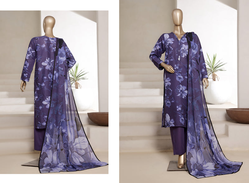 Lawn - Stitched printed 3piece with Lace work - Purple