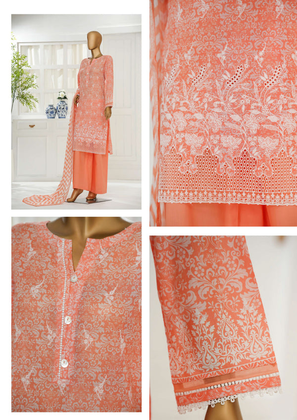 Cambric Chikankari - Stitched Embroidered 3piece with Lace work - Peach