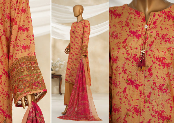 Cambric | Cotton - Stitched printed embroidered silk 3piece with Boring, Cutwork & Mirror work - Gold Maroon