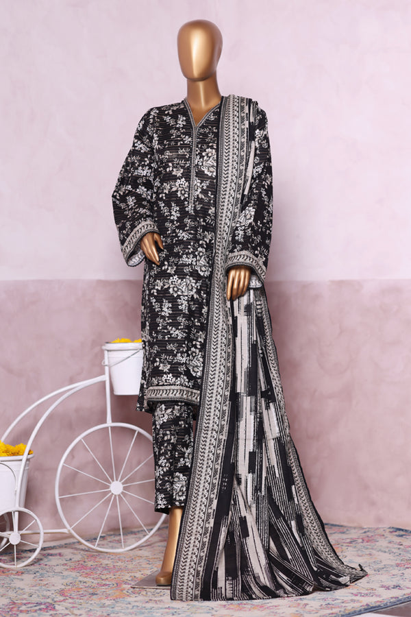 Khaddar - Stitched printed 3piece with Lace work - Black & White
