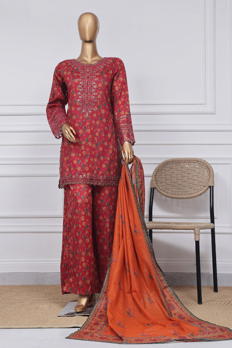 Lawn - Stitched Festive Embroidered 3piece with Plazo - Red