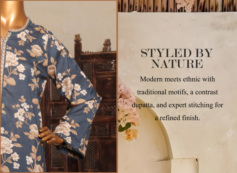 Lawn - Stitched printed 3piece with Lace work - Dull Blue & Skin