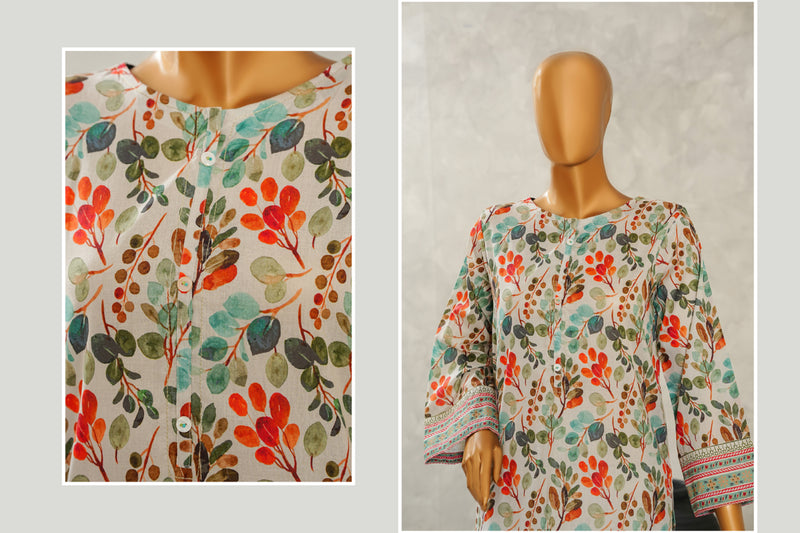 Lawn - Stitched Digital Printed Embroidered 3piece with Boring work - Peach