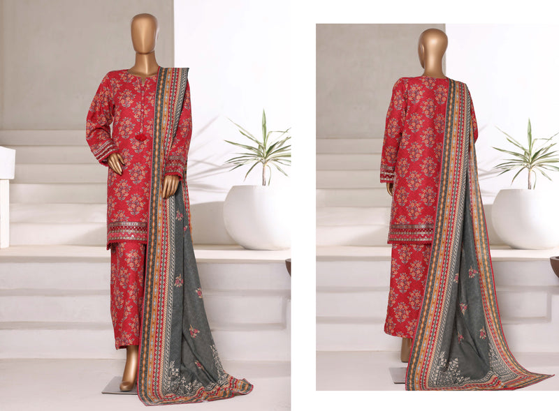 Khaddar - Embroidered 3piece collection with Lace work - Red