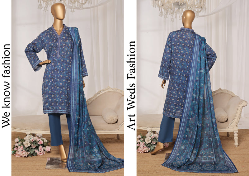 Lawn - Stitched printed 3piece with Lace work - Blue