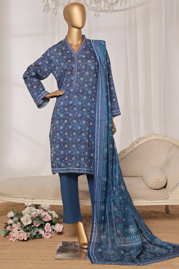 Lawn - Stitched printed 3piece with Lace work - Blue