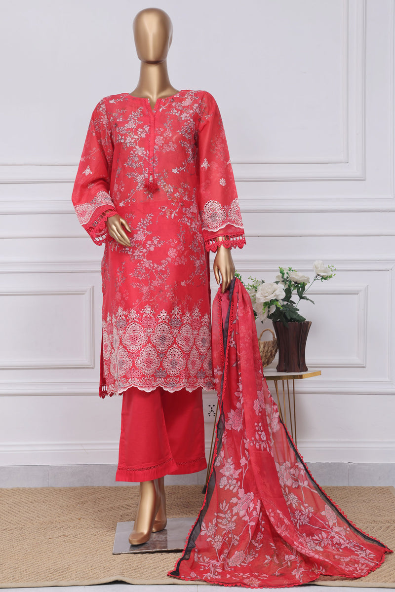 Lawn - Stitched Print Chikankari Embroidered 3piece with Chiffon Dupatta - Red