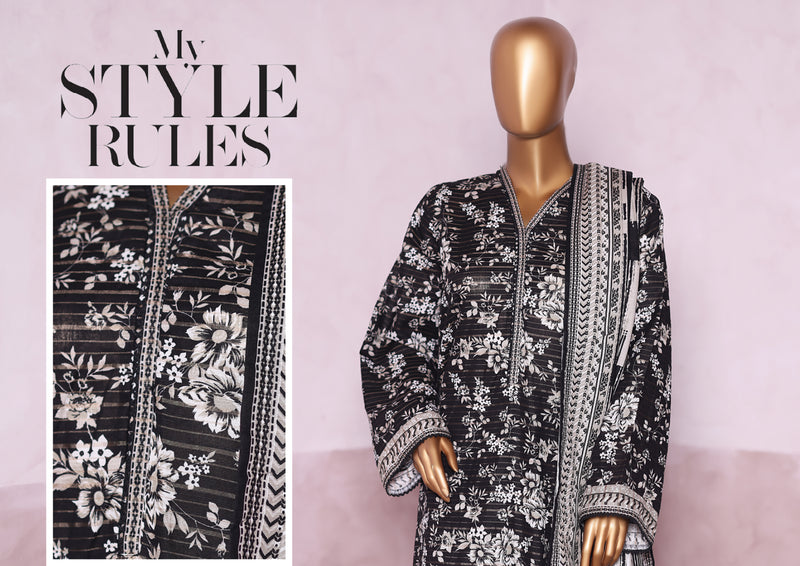 Khaddar - Stitched printed 3piece with Lace work - Black & White