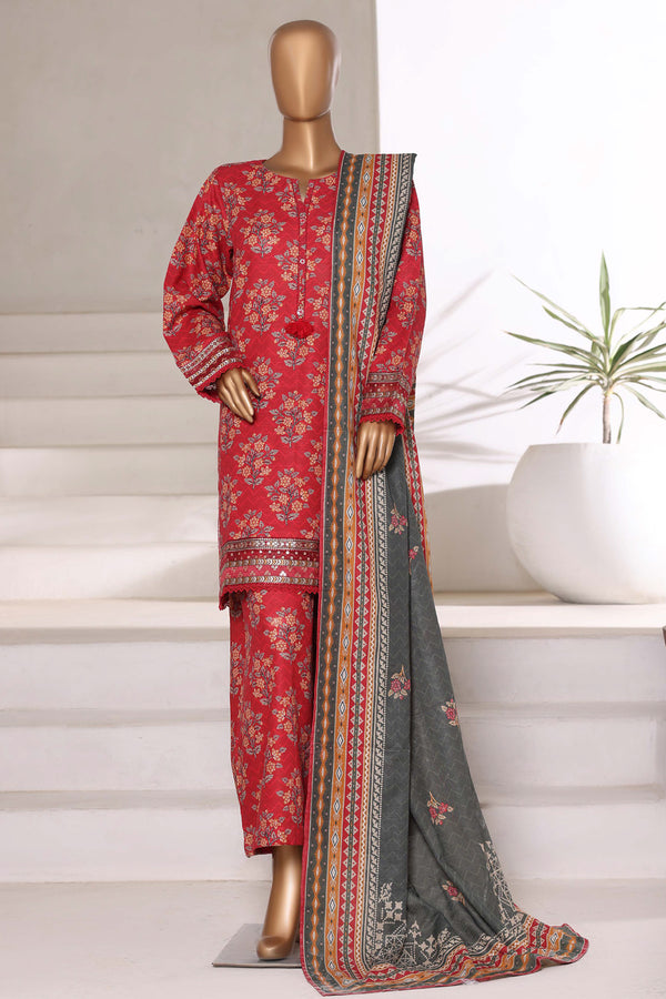 Khaddar - Embroidered 3piece collection with Lace work - Red