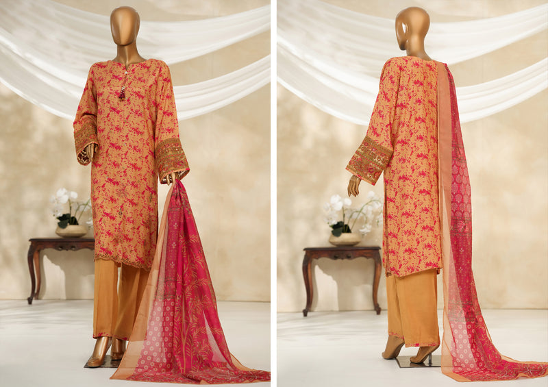 Cambric | Cotton - Stitched printed embroidered silk 3piece with Boring, Cutwork & Mirror work - Gold Maroon