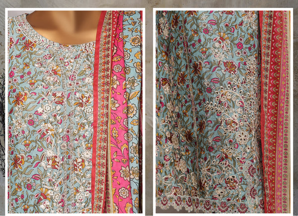 Lawn - Stitched Embroidered 3piece with Lace work - Sky Blue