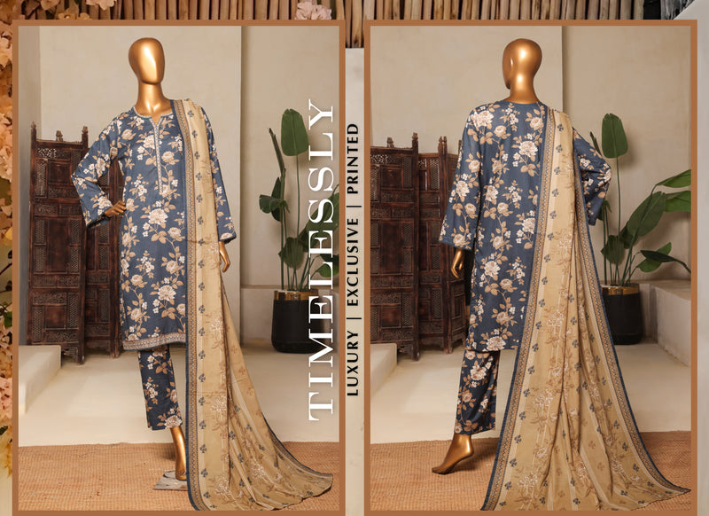 Lawn - Stitched printed 3piece with Lace work - Dull Blue & Skin