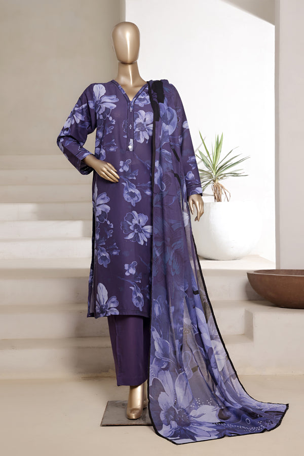 Lawn - Stitched printed 3piece with Lace work - Purple