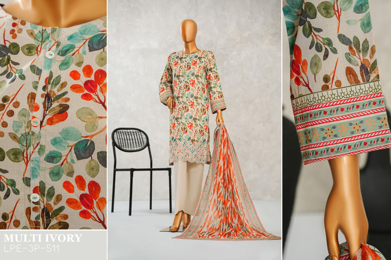 Lawn - Stitched Digital Printed Embroidered 3piece with Boring work - Peach
